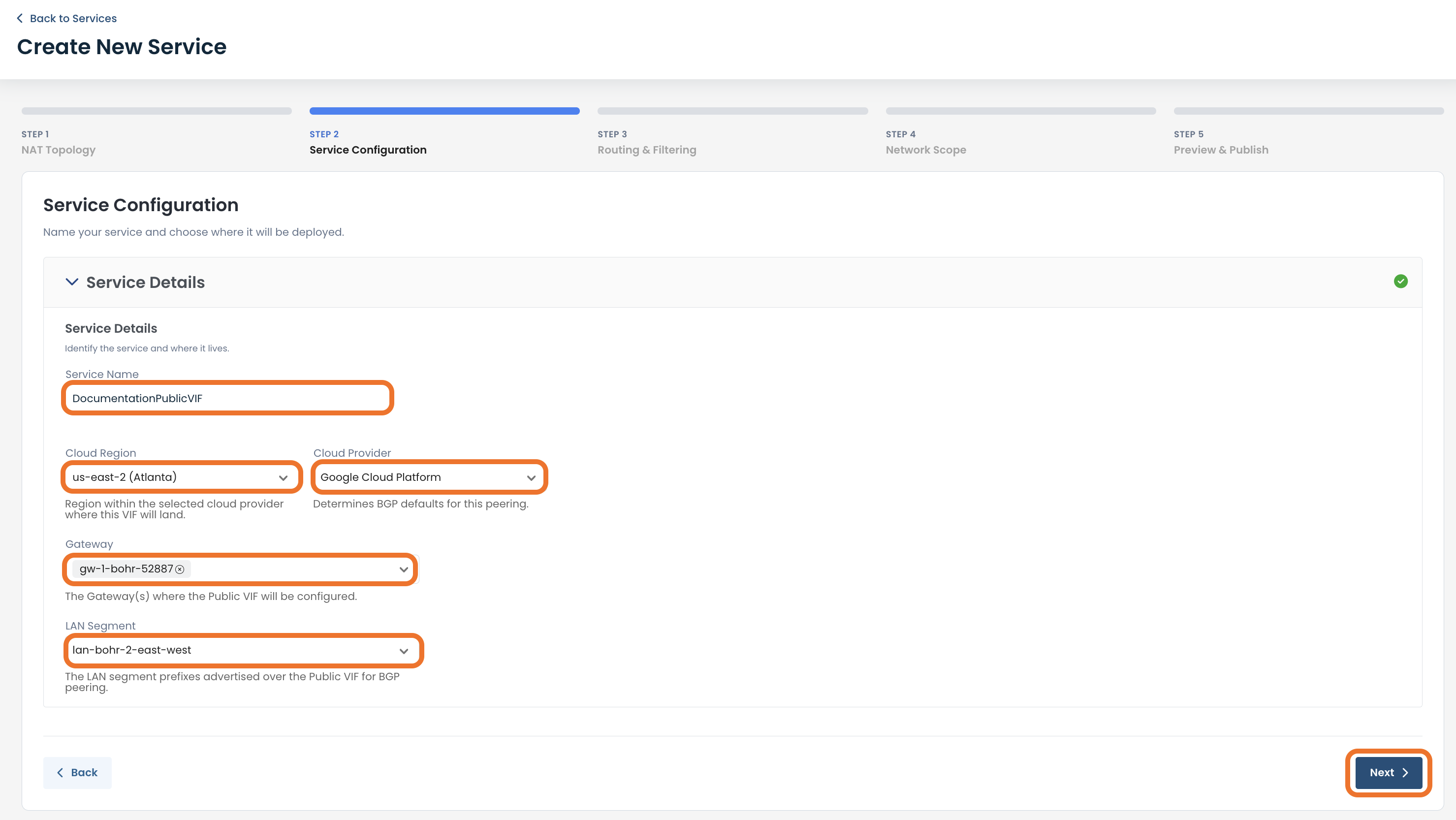 Service configuration details including name, region, provider, gateway, and LAN segment.